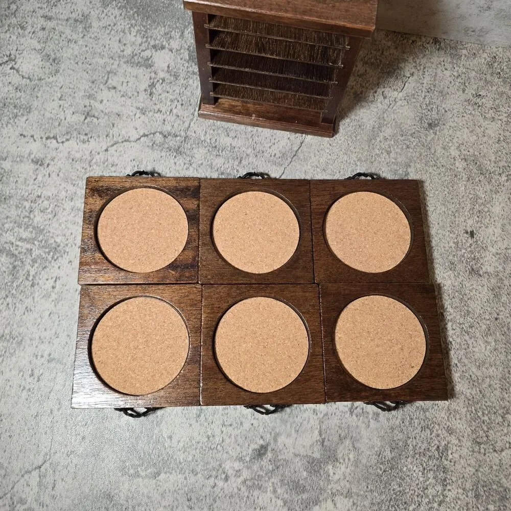 VINTAGE MID CENTURY MODERN SOLID WOOD METAL COASTER SET OF 6 BEAUTIFUL CONDITION